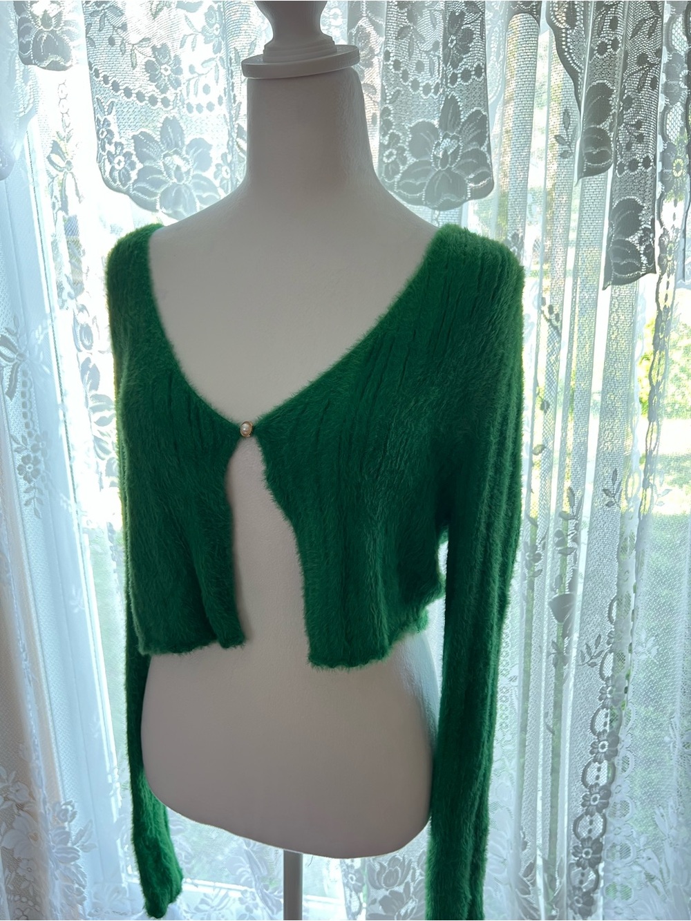 The Vintage Shop Emerald Green Fuzzy Open Cardigan Large